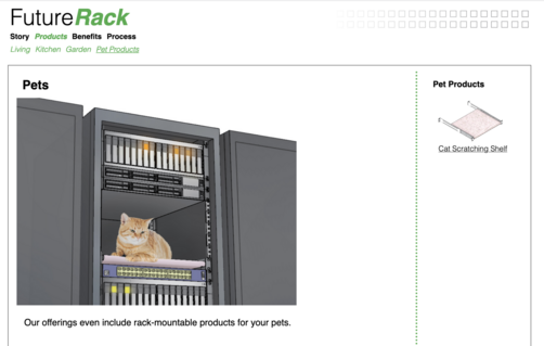 a screenshot from the above linked webpage showing creative adaptations of server racks for home use. this one features a cat shelf complete with photoshopped cat in the server rack.